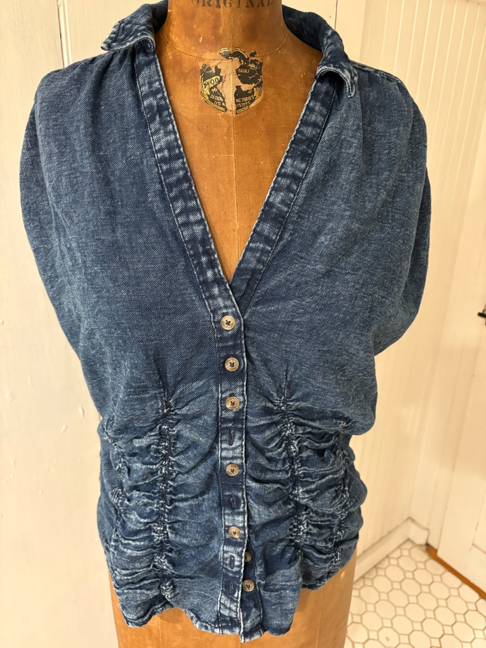 Anthropologie Pilcro Ruched Denim Blouse Size LG